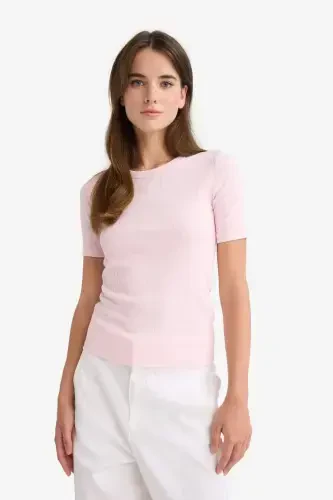 Slim Fit Dar Kesim Bisiklet Yaka Basic Düz Fitilli Kaşkorse Kısa Kollu Tişört-Açık Pembe - 3