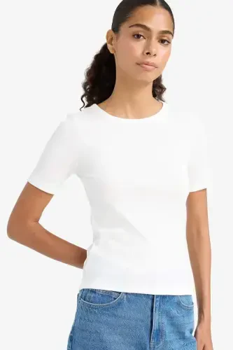 Slim Fit Dar Kesim Bisiklet Yaka Basic Düz Fitilli Kaşkorse Kısa Kollu Tişört-Ekru - 1