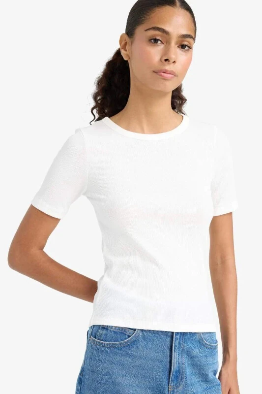 Slim Fit Dar Kesim Bisiklet Yaka Basic Düz Fitilli Kaşkorse Kısa Kollu Tişört-Ekru - 1