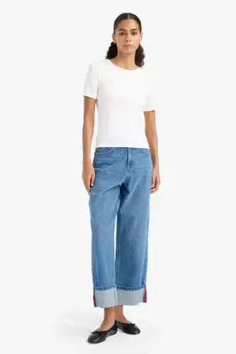 Slim Fit Dar Kesim Bisiklet Yaka Basic Düz Fitilli Kaşkorse Kısa Kollu Tişört-Ekru - DEFACTO (1)