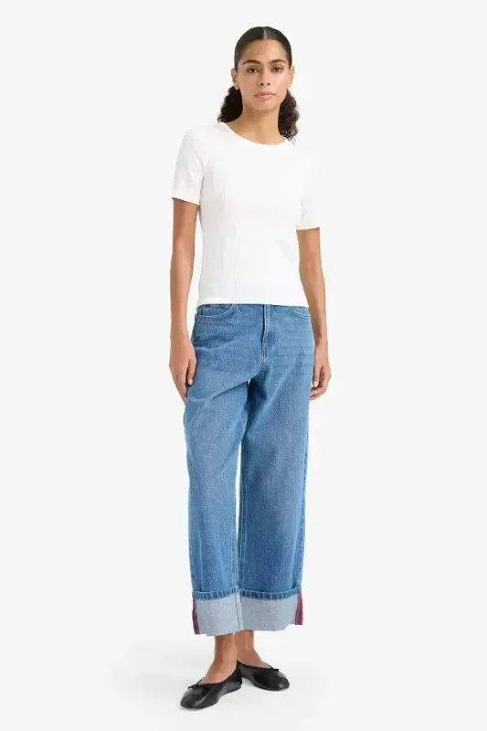 Slim Fit Dar Kesim Bisiklet Yaka Basic Düz Fitilli Kaşkorse Kısa Kollu Tişört-Ekru - 2