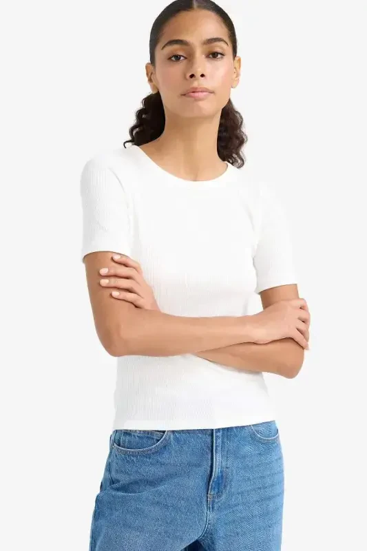 Slim Fit Dar Kesim Bisiklet Yaka Basic Düz Fitilli Kaşkorse Kısa Kollu Tişört-Ekru - 4