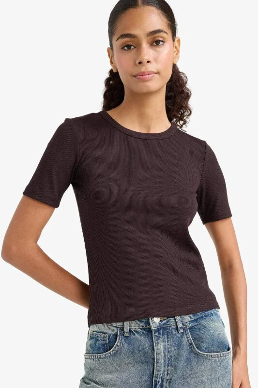 Slim Fit Dar Kesim Bisiklet Yaka Basic Düz Fitilli Kaşkorse Kısa Kollu Tişört-Kahve - 1