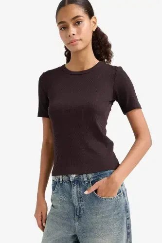 Slim Fit Dar Kesim Bisiklet Yaka Basic Düz Fitilli Kaşkorse Kısa Kollu Tişört-Kahve - 3