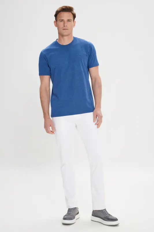 Slim Fit Dar Kesim Bisiklet Yaka Pamuklu Tişört-İNDİGO - 2