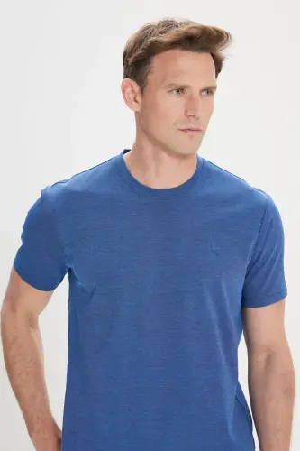 Slim Fit Dar Kesim Bisiklet Yaka Pamuklu Tişört-İNDİGO - 3