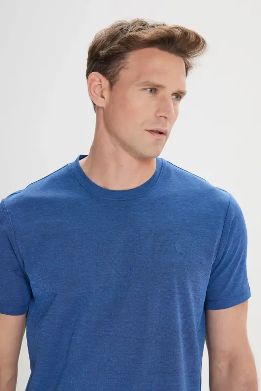 Slim Fit Dar Kesim Bisiklet Yaka Pamuklu Tişört-İNDİGO - 4