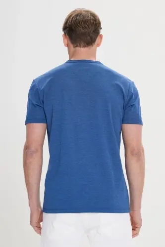Slim Fit Dar Kesim Bisiklet Yaka Pamuklu Tişört-İNDİGO - 5