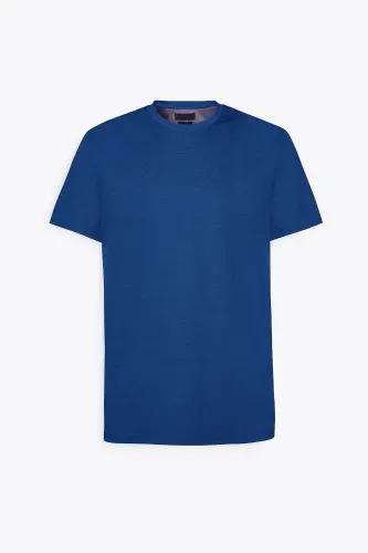 Slim Fit Dar Kesim Bisiklet Yaka Pamuklu Tişört-İNDİGO - 6