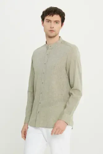 SLIM FIT DAR KESİM HAKİM YAKA KETEN GÖMLEK-Haki - 4