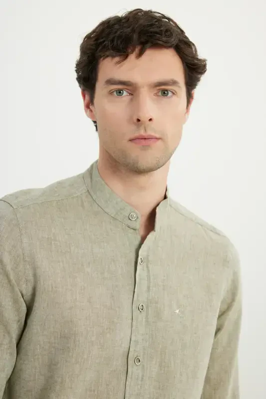 SLIM FIT DAR KESİM HAKİM YAKA KETEN GÖMLEK-Haki - 5