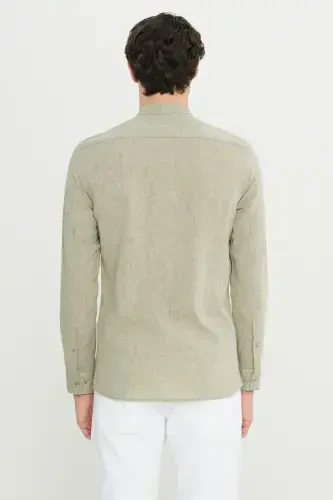 SLIM FIT DAR KESİM HAKİM YAKA KETEN GÖMLEK-Haki - 6