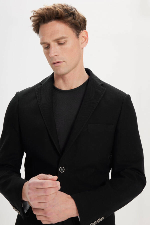 Slim Fit Dar Kesim Mono Yaka %100 Pamuk Desenli Siyah Ceket - SİYAH - 4