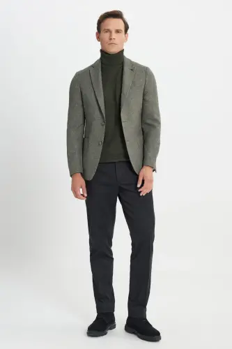 Slim Fit Dar Kesim Mono Yaka Desenli Torba Cepli Haki Ceket - HAKI - ALTINYILDIZ CLASSICS (1)