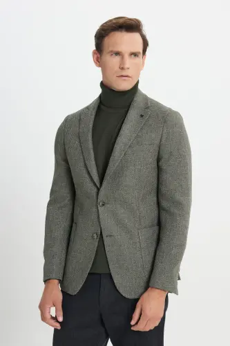 Slim Fit Dar Kesim Mono Yaka Desenli Torba Cepli Haki Ceket - HAKI - 3