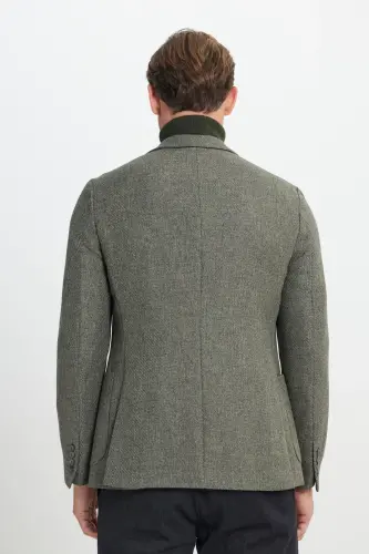 Slim Fit Dar Kesim Mono Yaka Desenli Torba Cepli Haki Ceket - HAKI - 5
