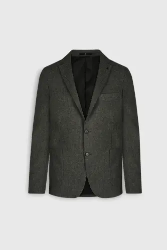 Slim Fit Dar Kesim Mono Yaka Desenli Torba Cepli Haki Ceket - HAKI - 6