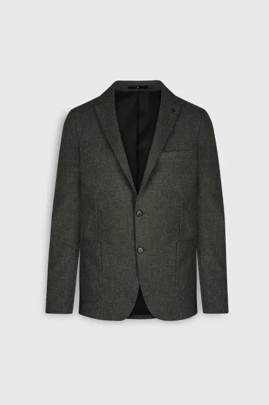 Slim Fit Dar Kesim Mono Yaka Desenli Torba Cepli Haki Ceket - HAKI - 6
