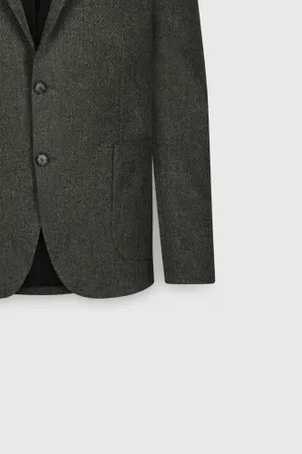 Slim Fit Dar Kesim Mono Yaka Desenli Torba Cepli Haki Ceket - HAKI - 8