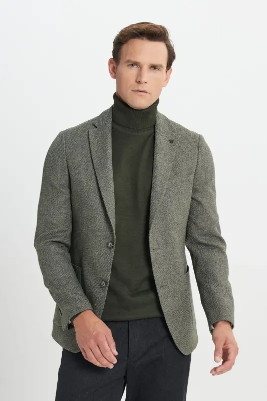 Slim Fit Dar Kesim Mono Yaka Desenli Torba Cepli Haki Ceket - HAKI - ALTINYILDIZ CLASSICS