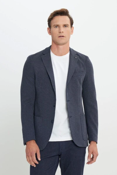 Slim Fit Dar Kesim Mono Yaka Desenli Torba Cepli Lacivert Ceket - 1