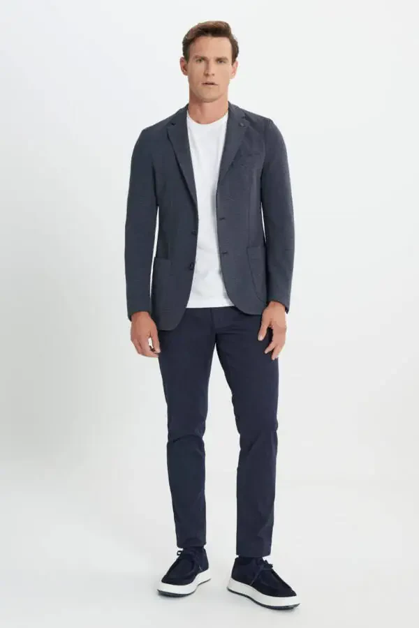 Slim Fit Dar Kesim Mono Yaka Desenli Torba Cepli Lacivert Ceket - 2