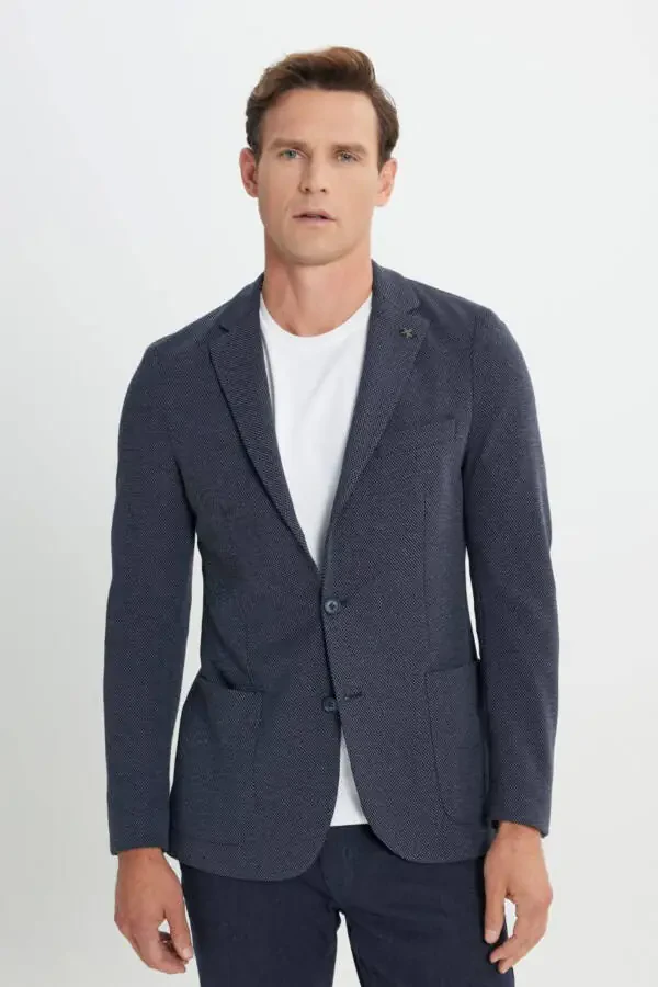 Slim Fit Dar Kesim Mono Yaka Desenli Torba Cepli Lacivert Ceket - 3