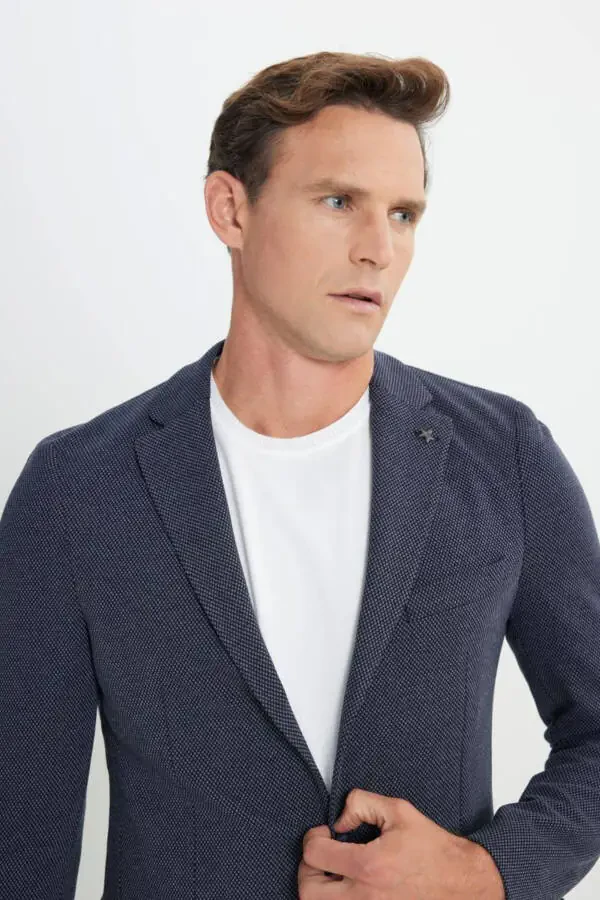 Slim Fit Dar Kesim Mono Yaka Desenli Torba Cepli Lacivert Ceket - 4
