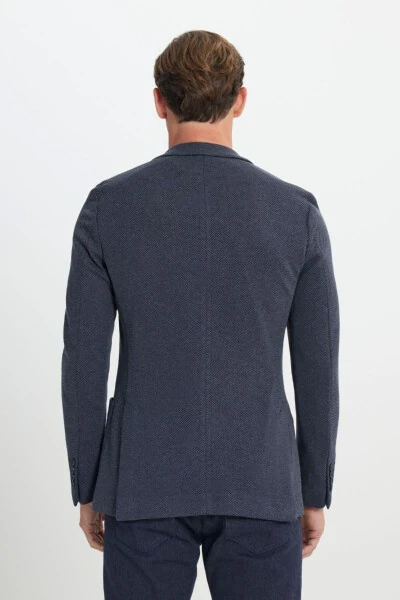 Slim Fit Dar Kesim Mono Yaka Desenli Torba Cepli Lacivert Ceket - 5