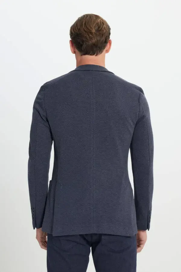 Slim Fit Dar Kesim Mono Yaka Desenli Torba Cepli Lacivert Ceket - 5