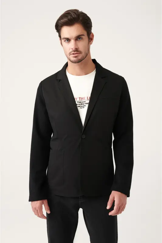 Erkek Siyah Mono Yaka Astarsız Triko Detaylı Slim Fit Ceket A31Y4001 - Siyah - 1