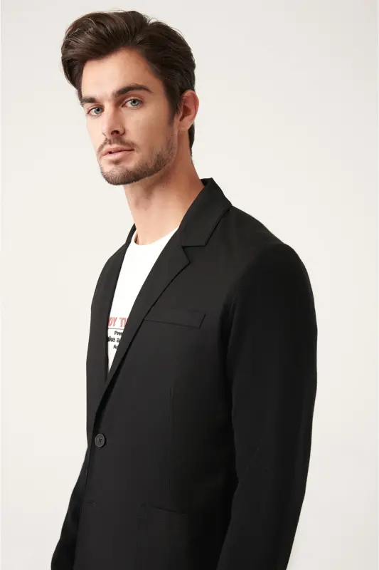 Erkek Siyah Mono Yaka Astarsız Triko Detaylı Slim Fit Ceket A31Y4001 - Siyah - 3