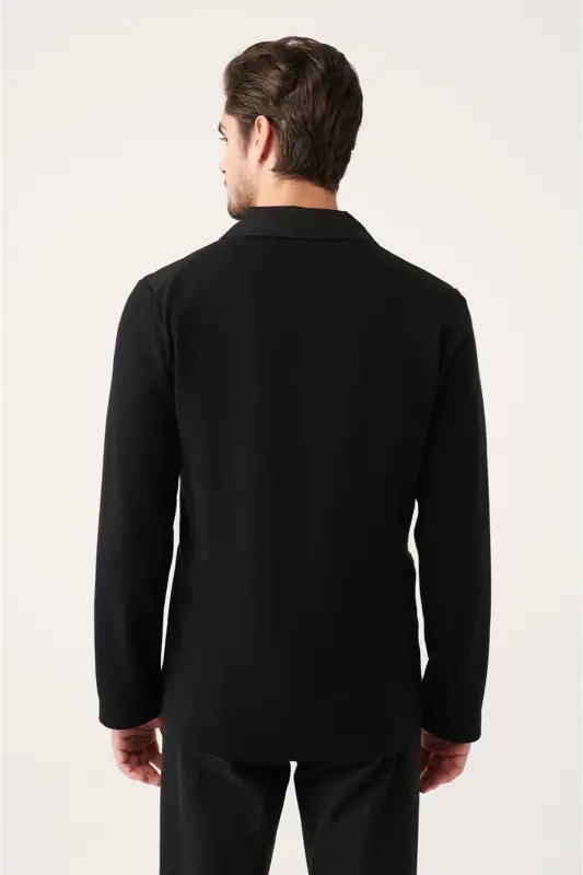 Erkek Siyah Mono Yaka Astarsız Triko Detaylı Slim Fit Ceket A31Y4001 - Siyah - 4
