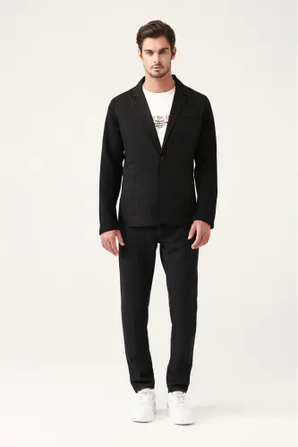 Erkek Siyah Mono Yaka Astarsız Triko Detaylı Slim Fit Ceket A31Y4001 - Siyah - 5