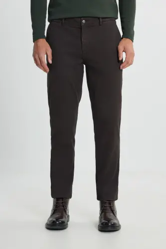 Slim Fit Dar Kesim Pamuklu Esnek Armürlü Yan Cep Kahverengi Pantolon-Kahverengi 