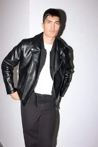 Su Ve Rüzgar İtici Slim Fit Dar Kesim Mevsimlik Astarlı Fermuarlı İç Cepli Suni Deri Biker Mont-Siyah - 1