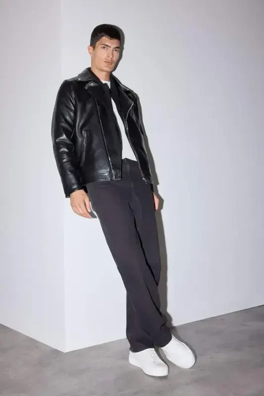 Su Ve Rüzgar İtici Slim Fit Dar Kesim Mevsimlik Astarlı Fermuarlı İç Cepli Suni Deri Biker Mont-Siyah - 2