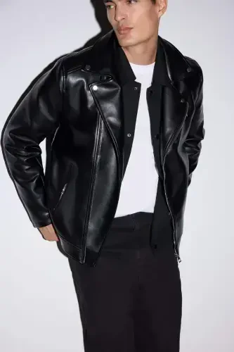 Su Ve Rüzgar İtici Slim Fit Dar Kesim Mevsimlik Astarlı Fermuarlı İç Cepli Suni Deri Biker Mont-Siyah - 3