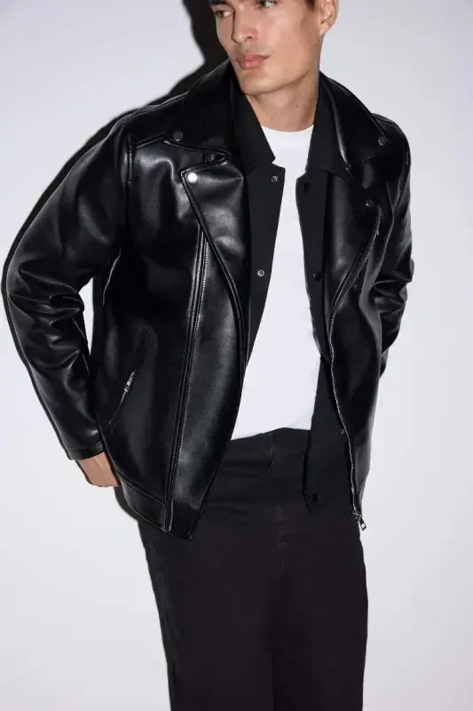 Su Ve Rüzgar İtici Slim Fit Dar Kesim Mevsimlik Astarlı Fermuarlı İç Cepli Suni Deri Biker Mont-Siyah - 3