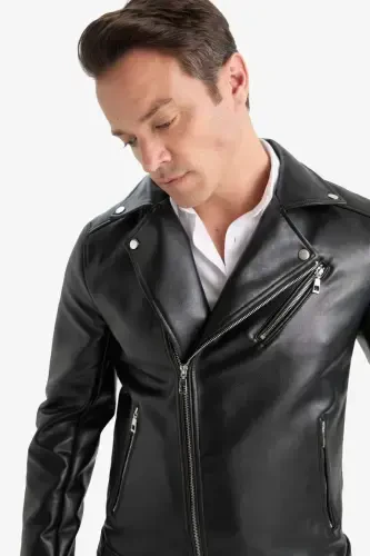 Su Ve Rüzgar İtici Slim Fit Dar Kesim Mevsimlik Astarlı Fermuarlı İç Cepli Suni Deri Biker Mont-Siyah - 6