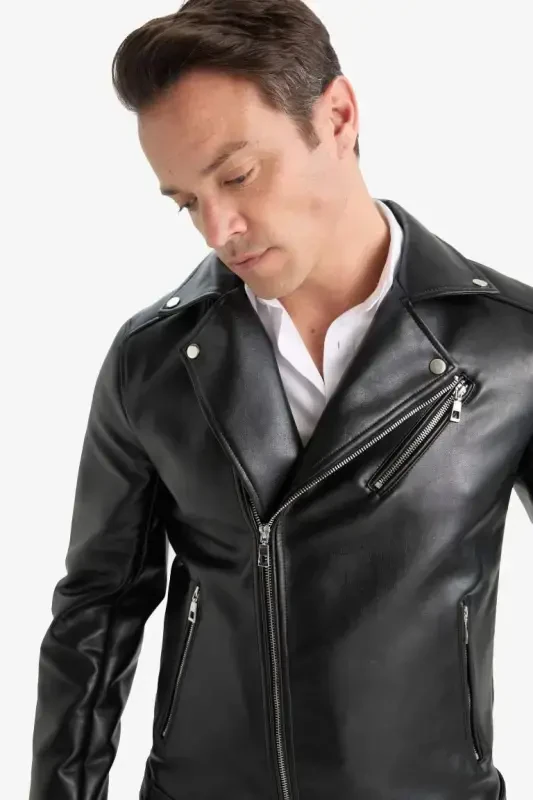 Su Ve Rüzgar İtici Slim Fit Dar Kesim Mevsimlik Astarlı Fermuarlı İç Cepli Suni Deri Biker Mont-Siyah - 6