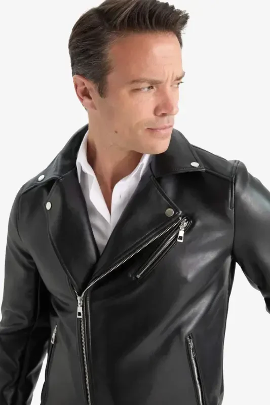 Su Ve Rüzgar İtici Slim Fit Dar Kesim Mevsimlik Astarlı Fermuarlı İç Cepli Suni Deri Biker Mont-Siyah - 7