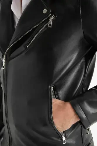Su Ve Rüzgar İtici Slim Fit Dar Kesim Mevsimlik Astarlı Fermuarlı İç Cepli Suni Deri Biker Mont-Siyah - 8