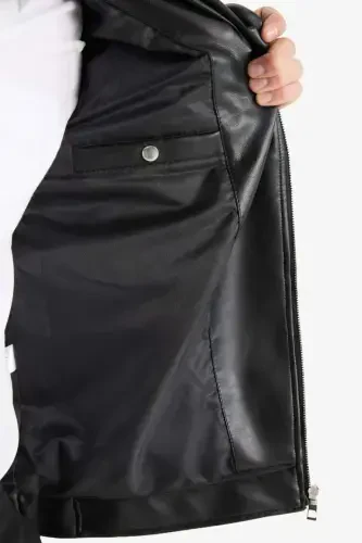 Su Ve Rüzgar İtici Slim Fit Dar Kesim Mevsimlik Astarlı Fermuarlı İç Cepli Suni Deri Biker Mont-Siyah - 9