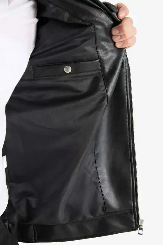 Su Ve Rüzgar İtici Slim Fit Dar Kesim Mevsimlik Astarlı Fermuarlı İç Cepli Suni Deri Biker Mont-Siyah - 9