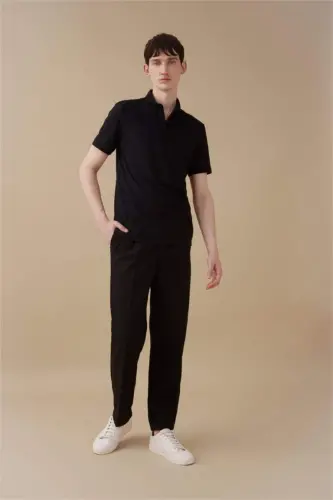 Slim Fit Dar Kesim Polo Yaka Kısa Kollu Basic Düz Siyah Tişört-Siyah - DEFACTO (1)
