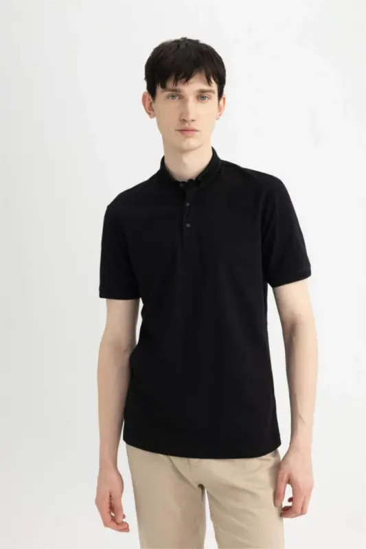 Slim Fit Dar Kesim Polo Yaka Kısa Kollu Basic Düz Siyah Tişört-Siyah - 4