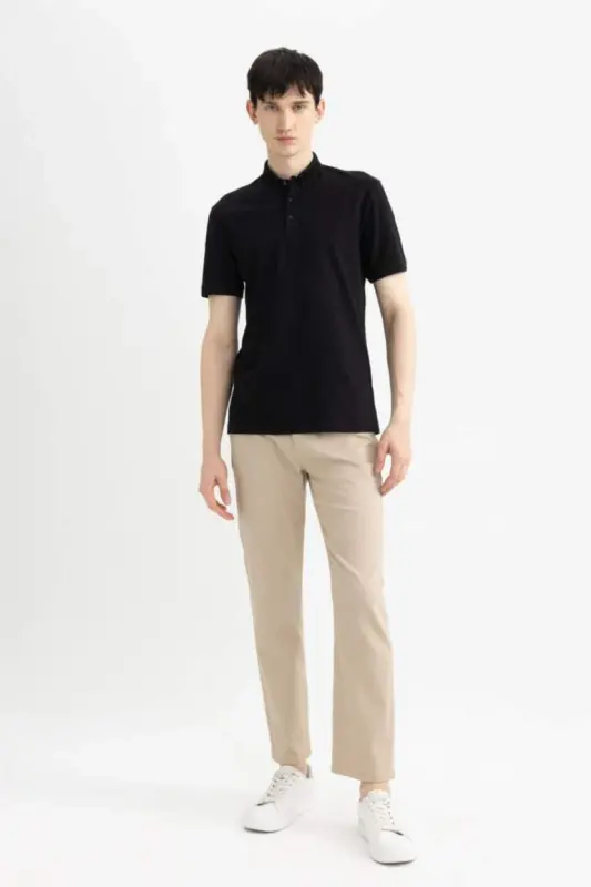 Slim Fit Dar Kesim Polo Yaka Kısa Kollu Basic Düz Siyah Tişört-Siyah - 5