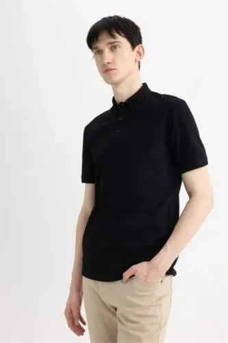 Slim Fit Dar Kesim Polo Yaka Kısa Kollu Basic Düz Siyah Tişört-Siyah - 7