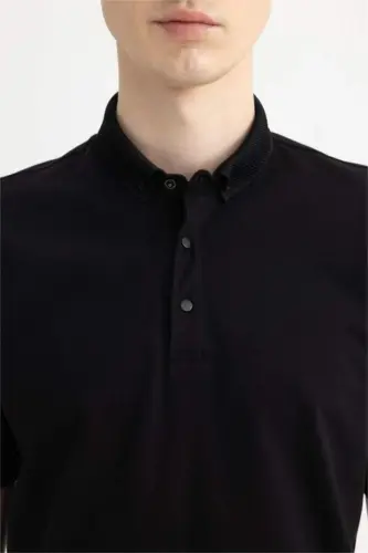 Slim Fit Dar Kesim Polo Yaka Kısa Kollu Basic Düz Siyah Tişört-Siyah - 8